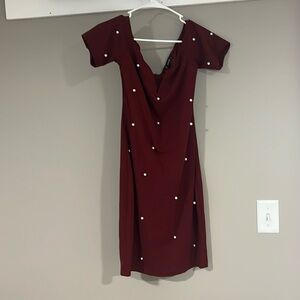 Maroon and Pearl Off Shoulder Dress